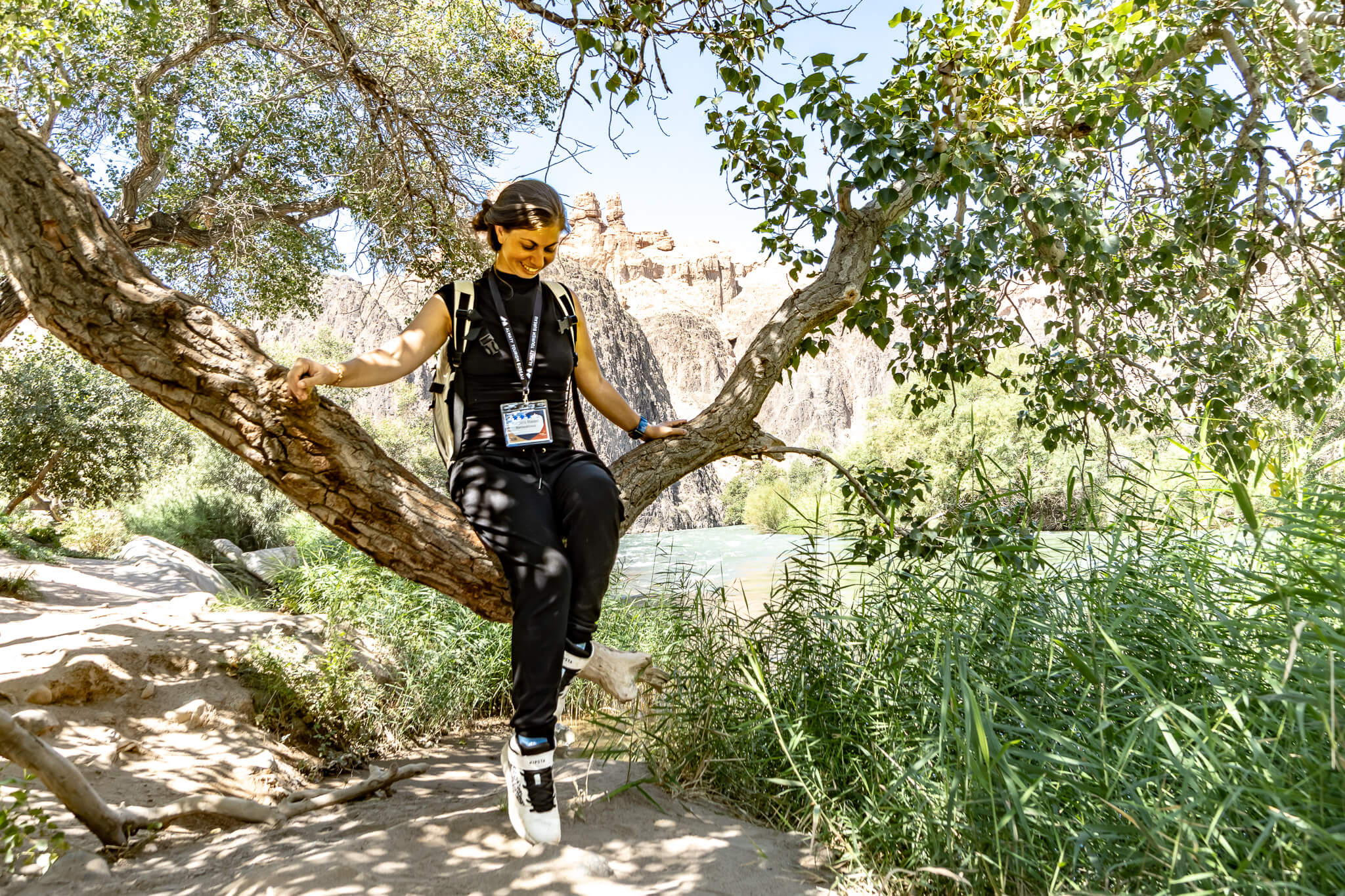 Almaty Sehenswürdigkeiten: Die schönsten Highlights & meine 8 Tipps 16 Barbara sitzt auf einem tief hängenden Baumstamm am Flussufer im Charyn Canyon, umgeben von Schilf, im Hintergrund Felswände