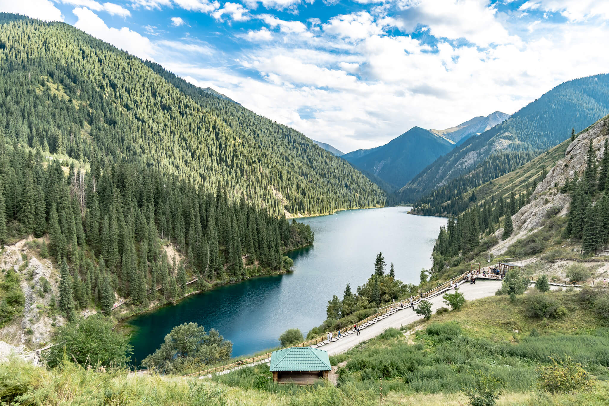 Almaty Sehenswürdigkeiten: Die schönsten Highlights & meine 8 Tipps 17 Blick von oben auf einen langgestreckten blauen See zwischen bewaldeten Berghängen, davor ein Weg mit Geländer und Besuchern